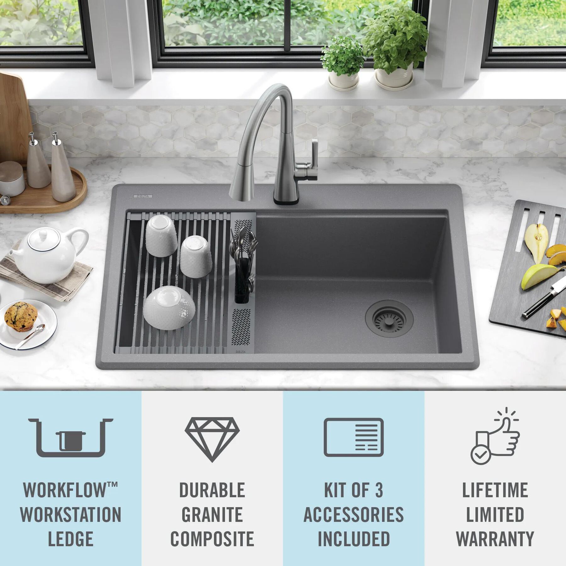 33&rdquo; Granite Composite Workstation Kitchen Sink Drop-In Top Mount Single Bowl with WorkFlow&trade; Ledge and Accessories in Dark Grey